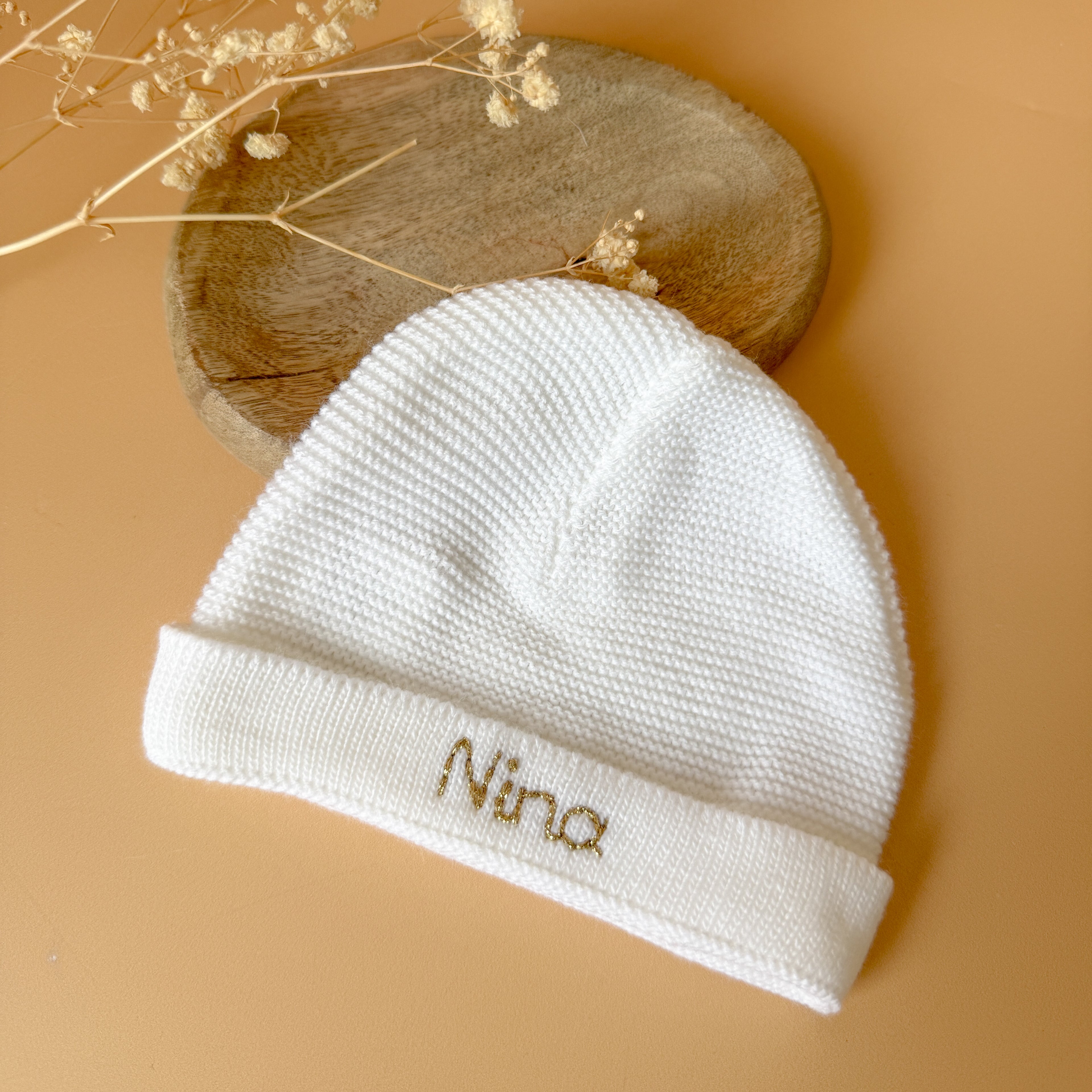 Bonnet de Naissance personnalisé Tricoté Blanc - Prénom personnalisé
