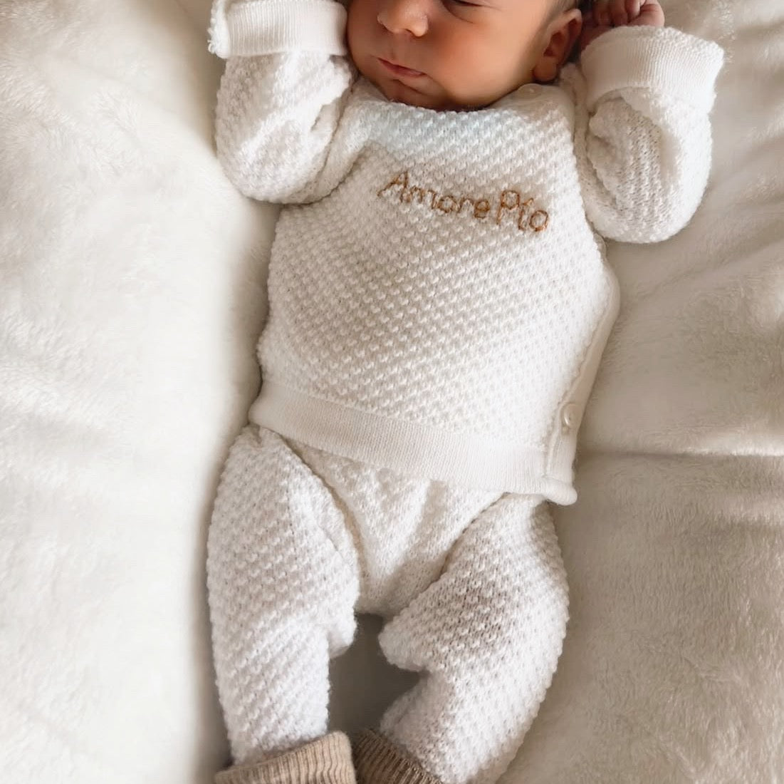 Ensemble de naissance personnalisé en maille nid d'abeille blanc - Brassière + Pantalon