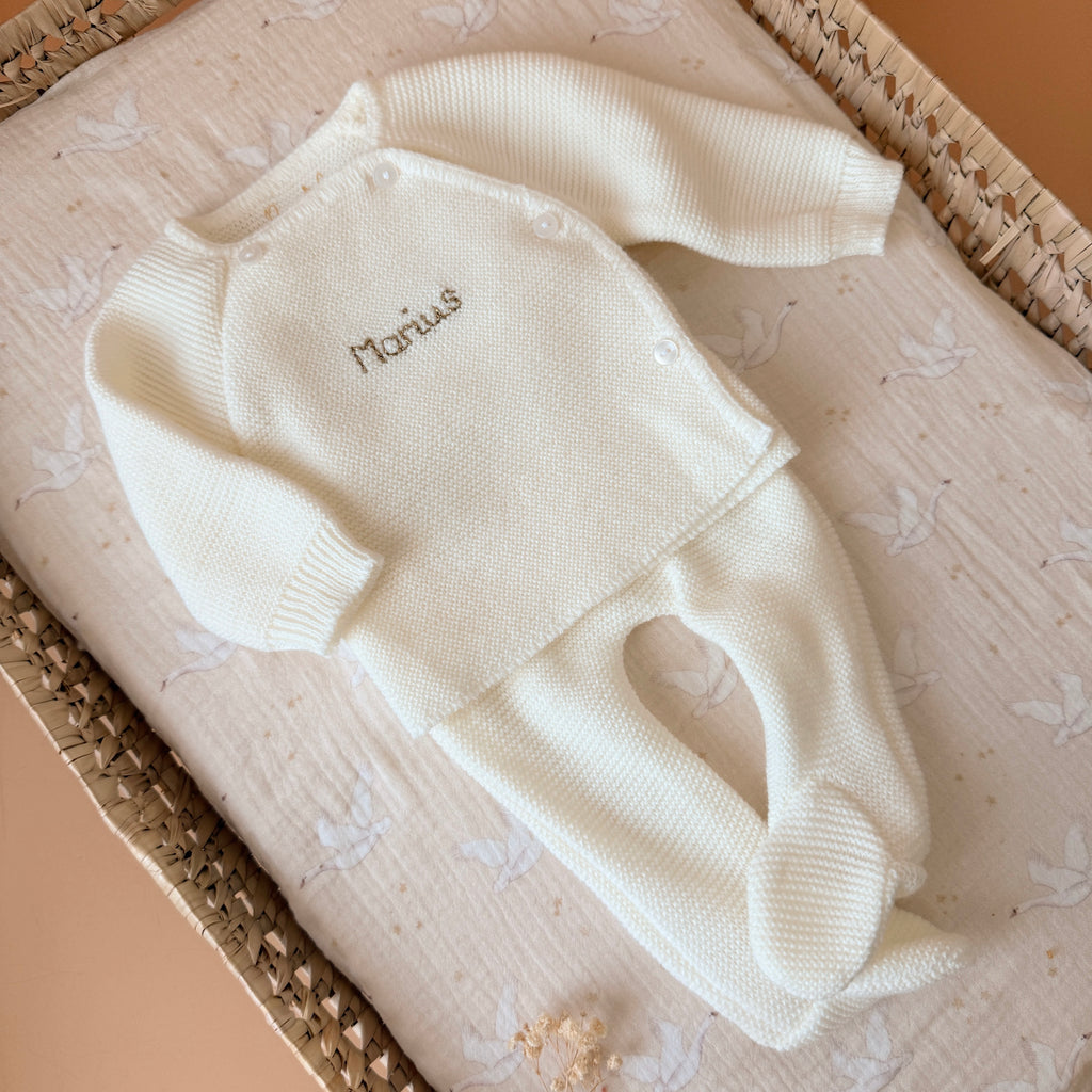 Ensemble de naissance personnalisé écru - Brassière en tricot écrue + pantalon à pied