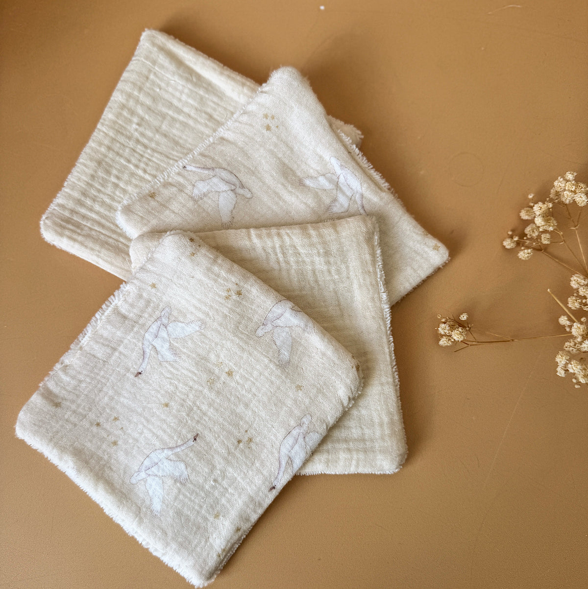 Lot de 4 maxi lingettes micro éponge de bambou - Motif Oies Blanches