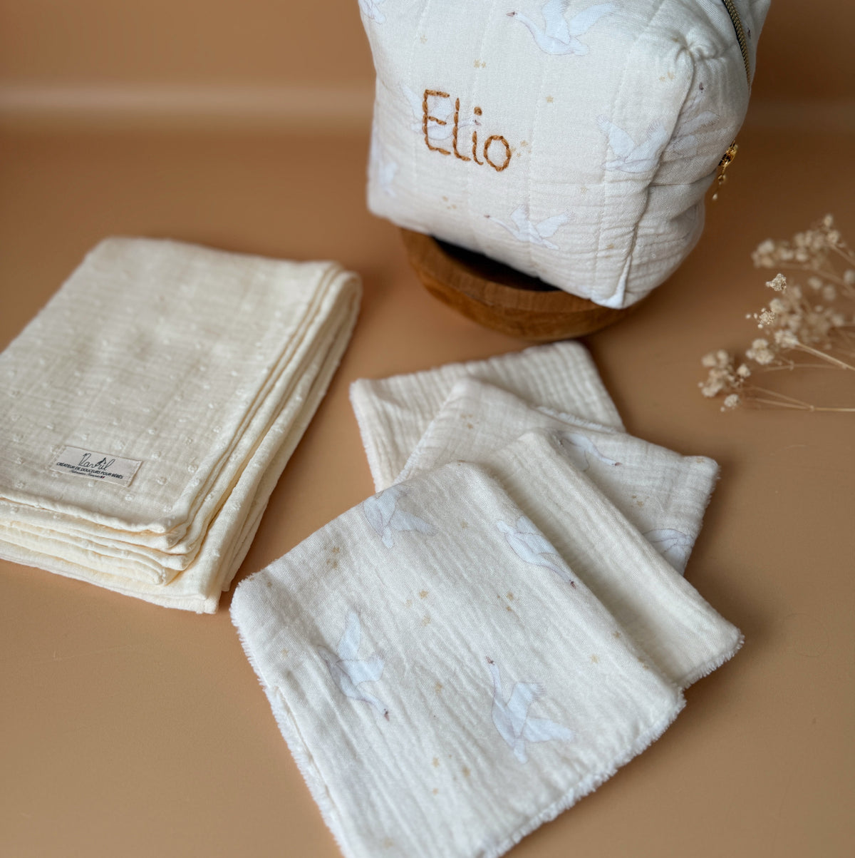 Lot de 4 maxi lingettes micro éponge de bambou - Motif Oies Blanches
