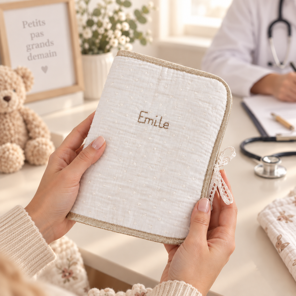 Protège carnet de santé - Gaze Plumetis écru personnalisé