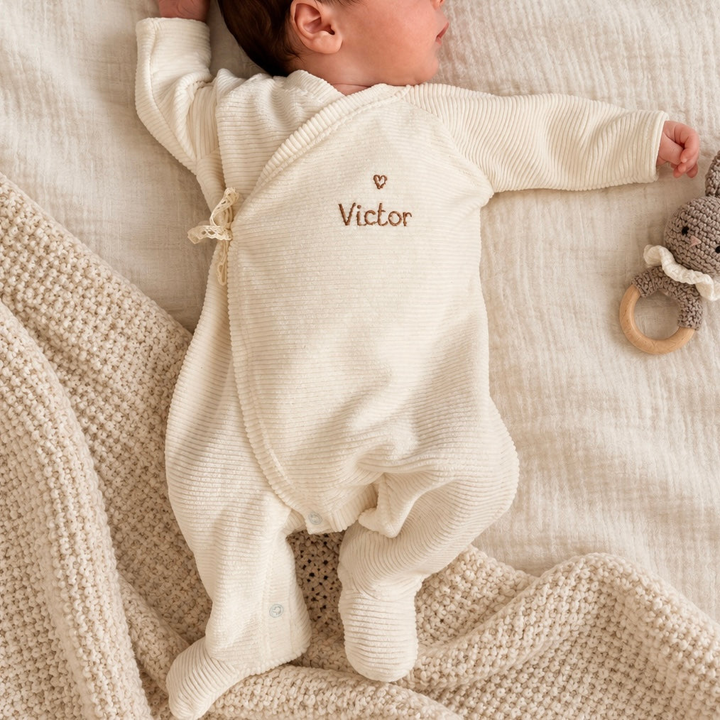 Pyjama de naissance avec prénom personnalisé - Velours côtelé écru