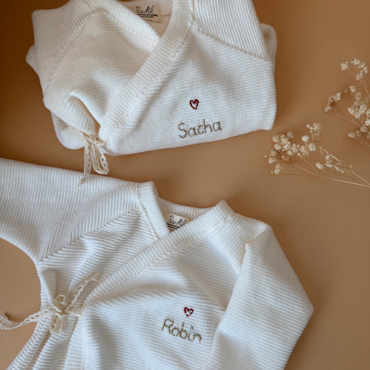 Pyjama de naissance avec prénom personnalisé - Velours côtelé écru