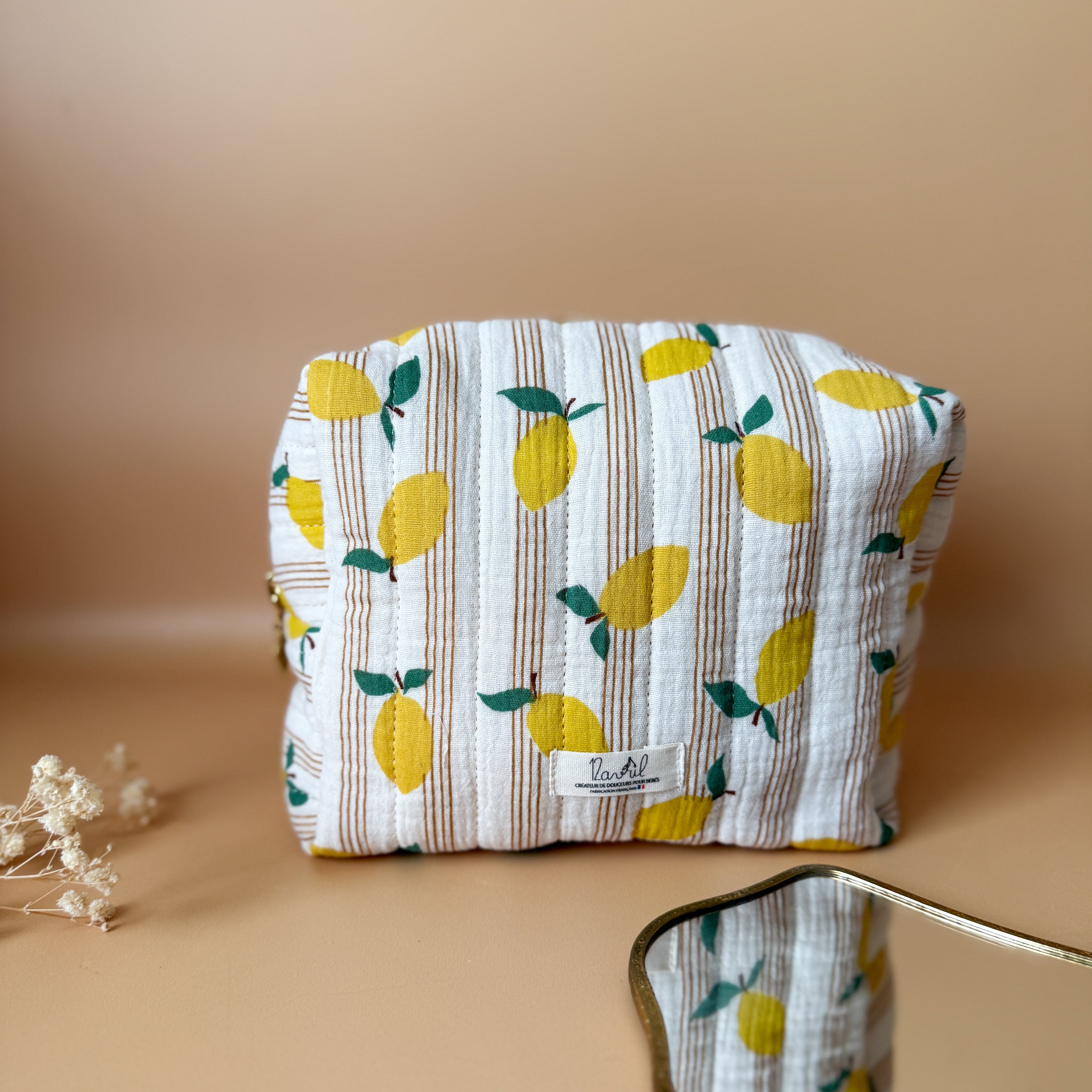 Trousse de toilette matelassée personnalisée avec prénom - Motif Citrons