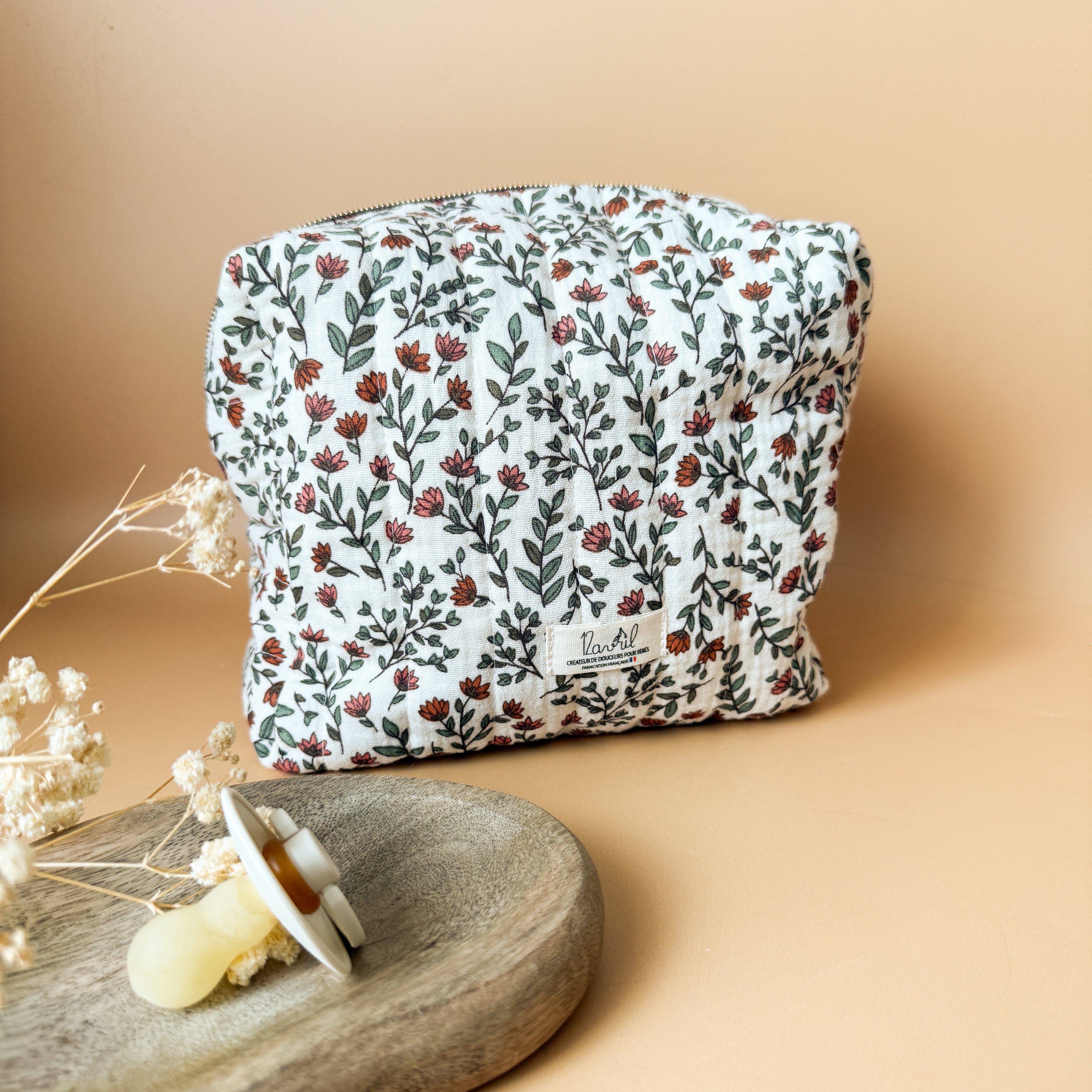 Trousse de toilette matelassée personnalisée avec prénom - Motif Fleuri