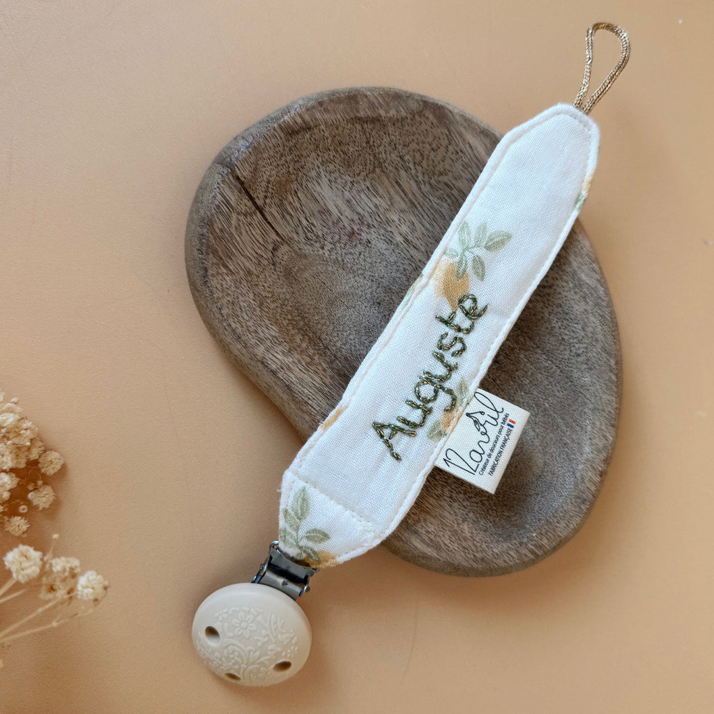 Attache tétine personnalisée en gaze de coton - Motif citrons