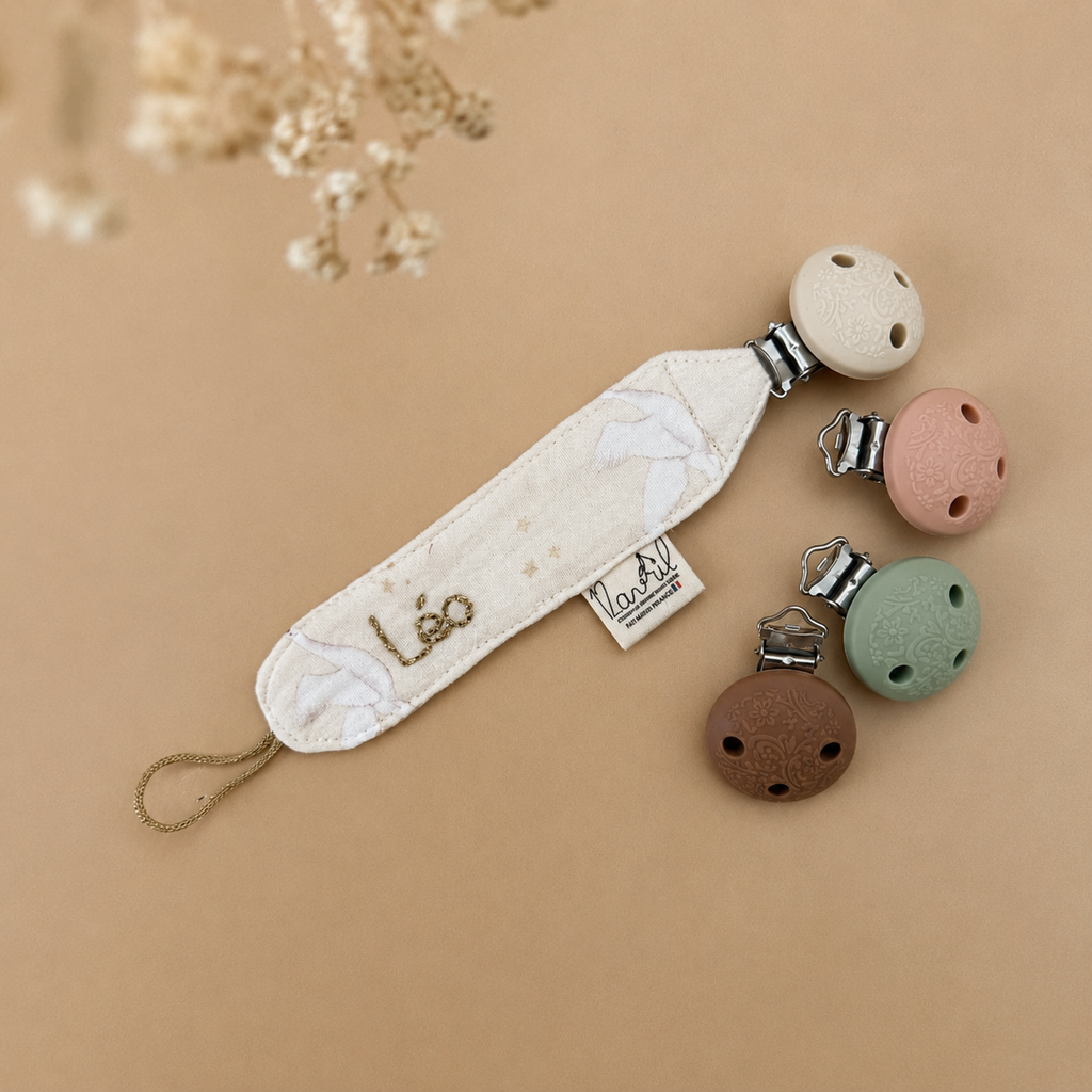 Attache tétine personnalisée en gaze de coton - Motif Oies Blanches