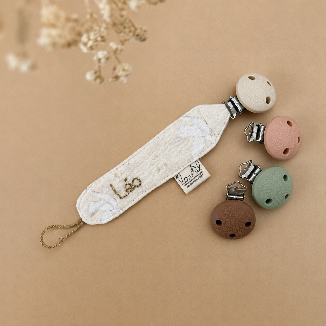 Attache tétine personnalisée en gaze de coton - Motif Oies Blanches