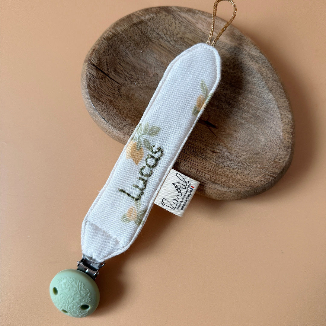 Attache tétine personnalisée en gaze de coton - Motif citrons