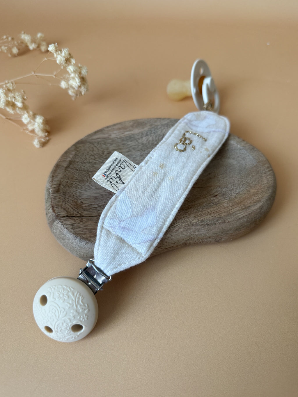 Attache tétine personnalisée en gaze de coton - Motif Oies Blanches