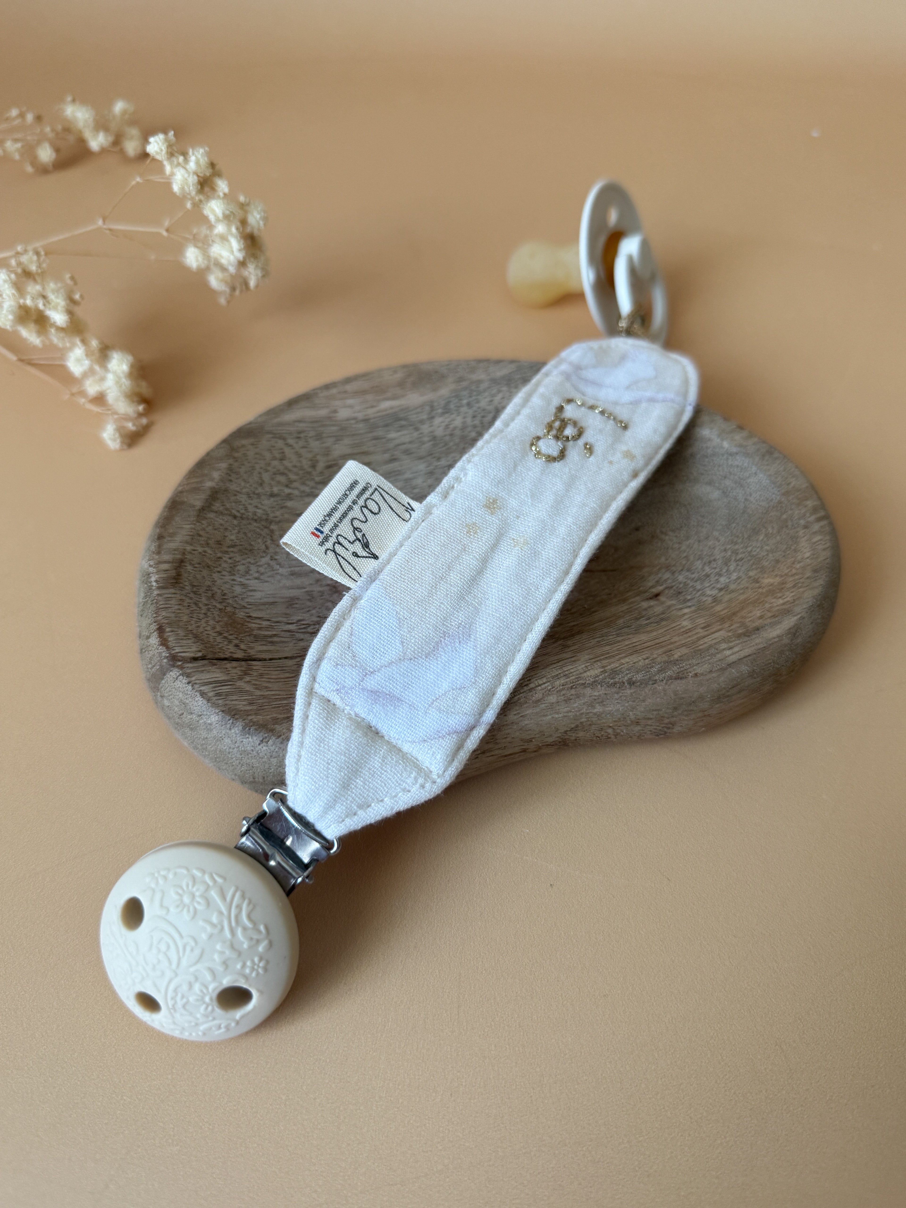 Attache tétine personnalisée en gaze de coton - Motif Oies Blanches