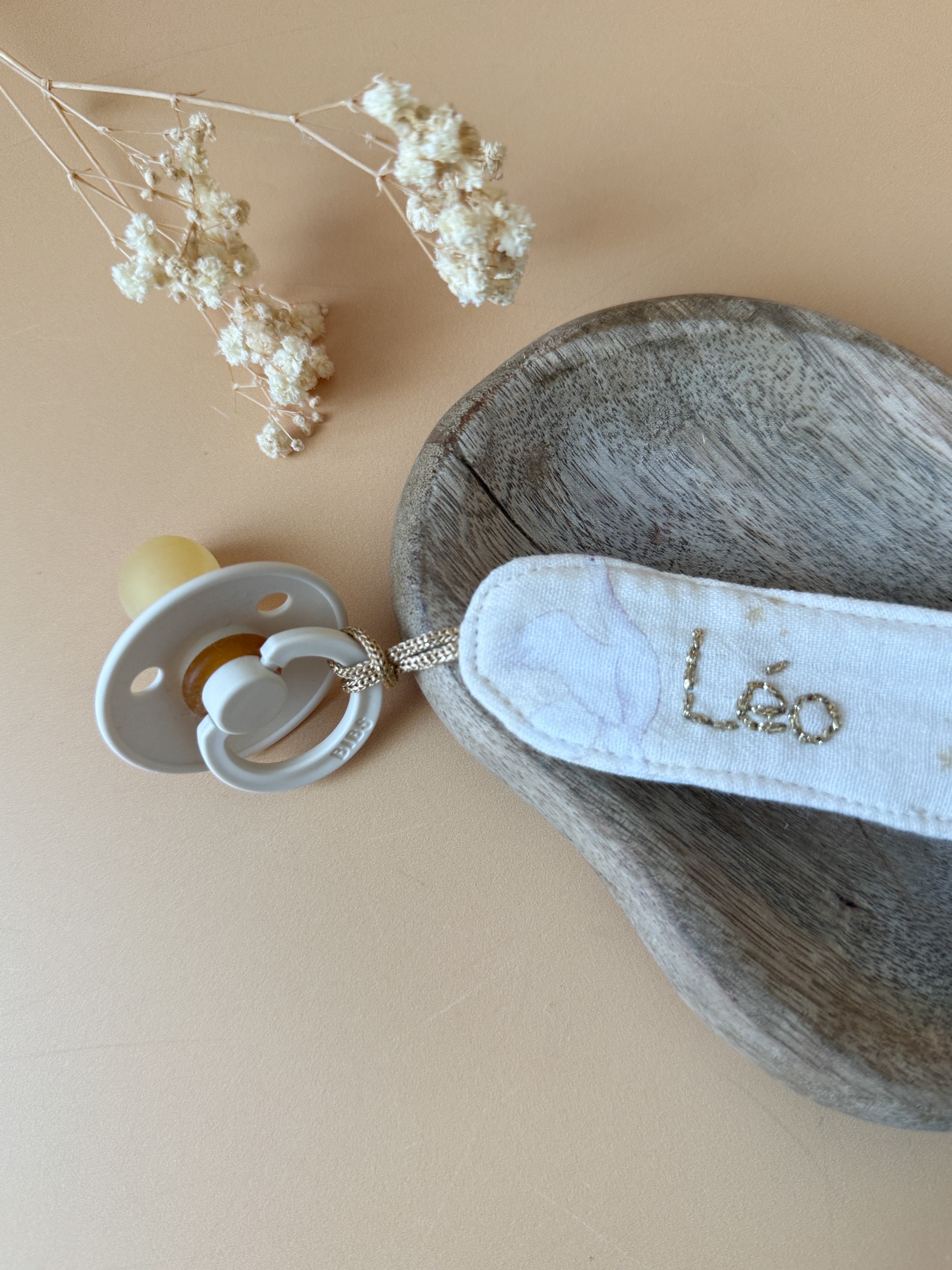 Attache tétine personnalisée en gaze de coton - Motif Oies Blanches