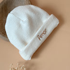 Bonnet de Naissance en Velours Côtelé Écru - Prénom brodé