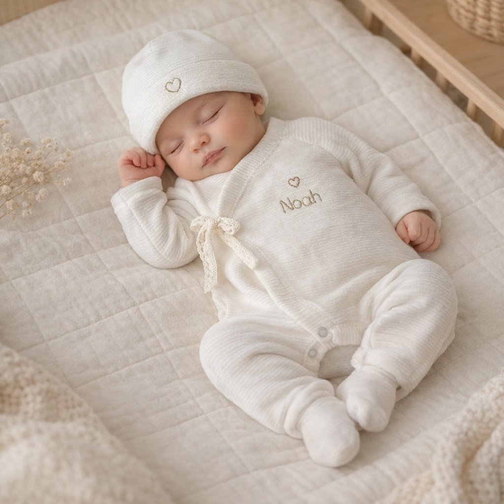 Le bonnet de naissance personnalisé pour bébé en maille velours côtelée est l'accessoire idéal pour les premiers jours de votre nouveau-né. Confectionné avec soin dans une maille éponge côtelée , ce bonnet offre à votre bébé douceur et confort incomparables. Il est fabriqué dans l’un de nos ateliers partenaires français. Un cadeau parfaitement adapté pour accueillir votre petit trésor dans le monde avec tendresse et douceur. Retrouvez dans la même gamme, nos petits chaussons de naissance. Grâce à sa texture