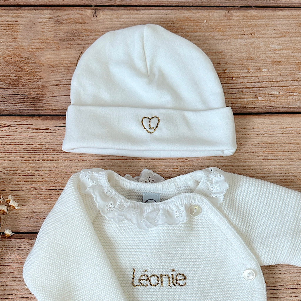 Bonnet de naissance en Coton Blanc - Broderie ♡/ Initiale