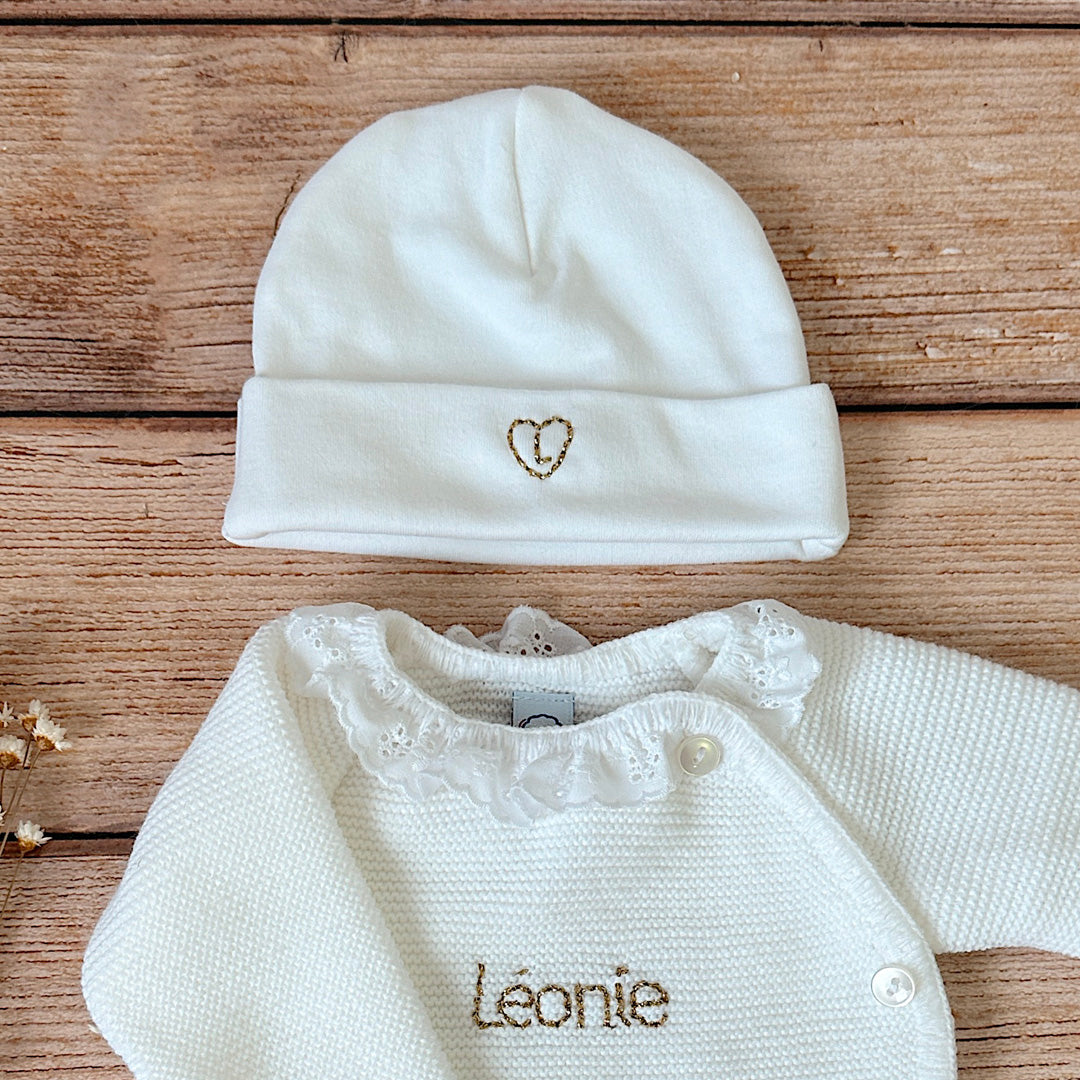 Bonnet de naissance en Coton Blanc - Broderie ♡/ Initiale