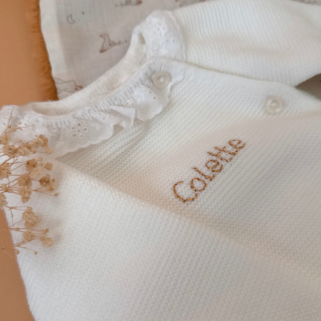 Ensemble de naissance blanc - Brassière col en tissu dentelé + pantalon