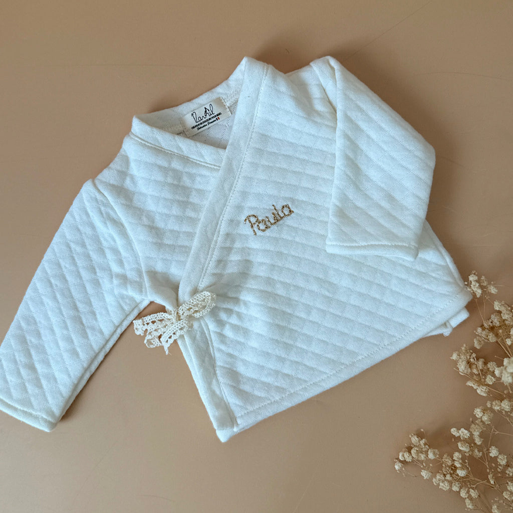 Ensemble de naissance en maille écrue matelassée - Brassière + pantalon