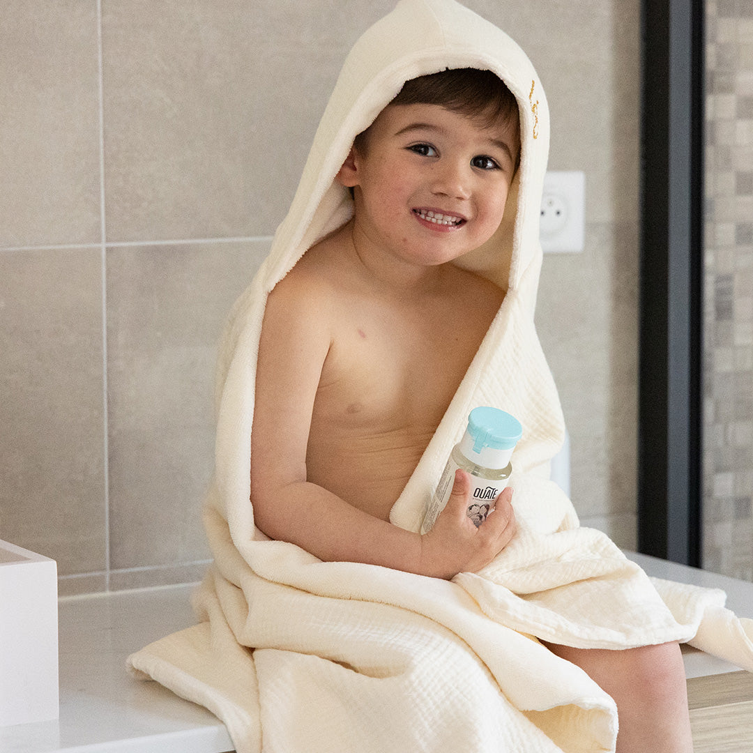 Ma grande cape de bain XXL personnalisée en micro éponge de bambou et gaze de coton écrue - Made in France