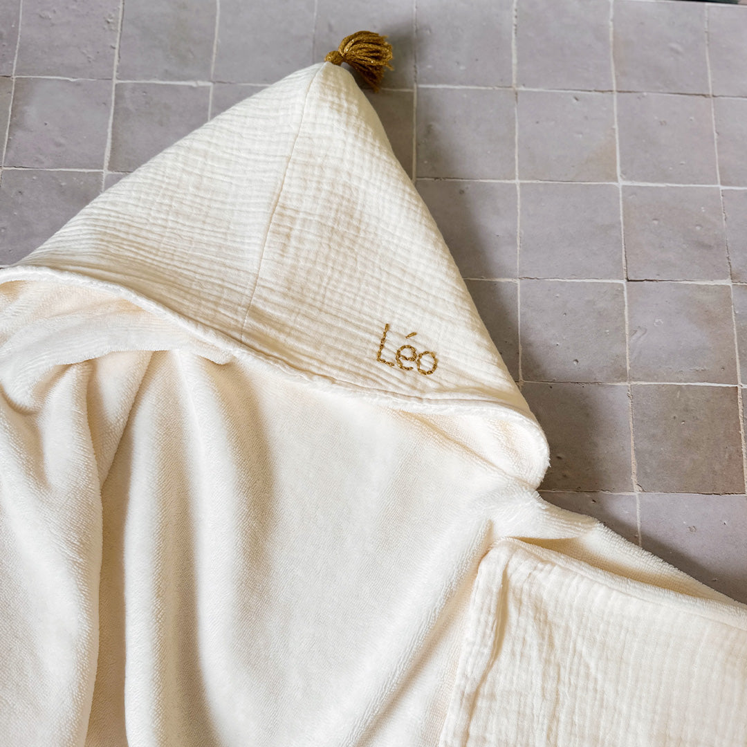Ma grande cape de bain XXL personnalisée en micro éponge de bambou et gaze de coton écrue - Made in France