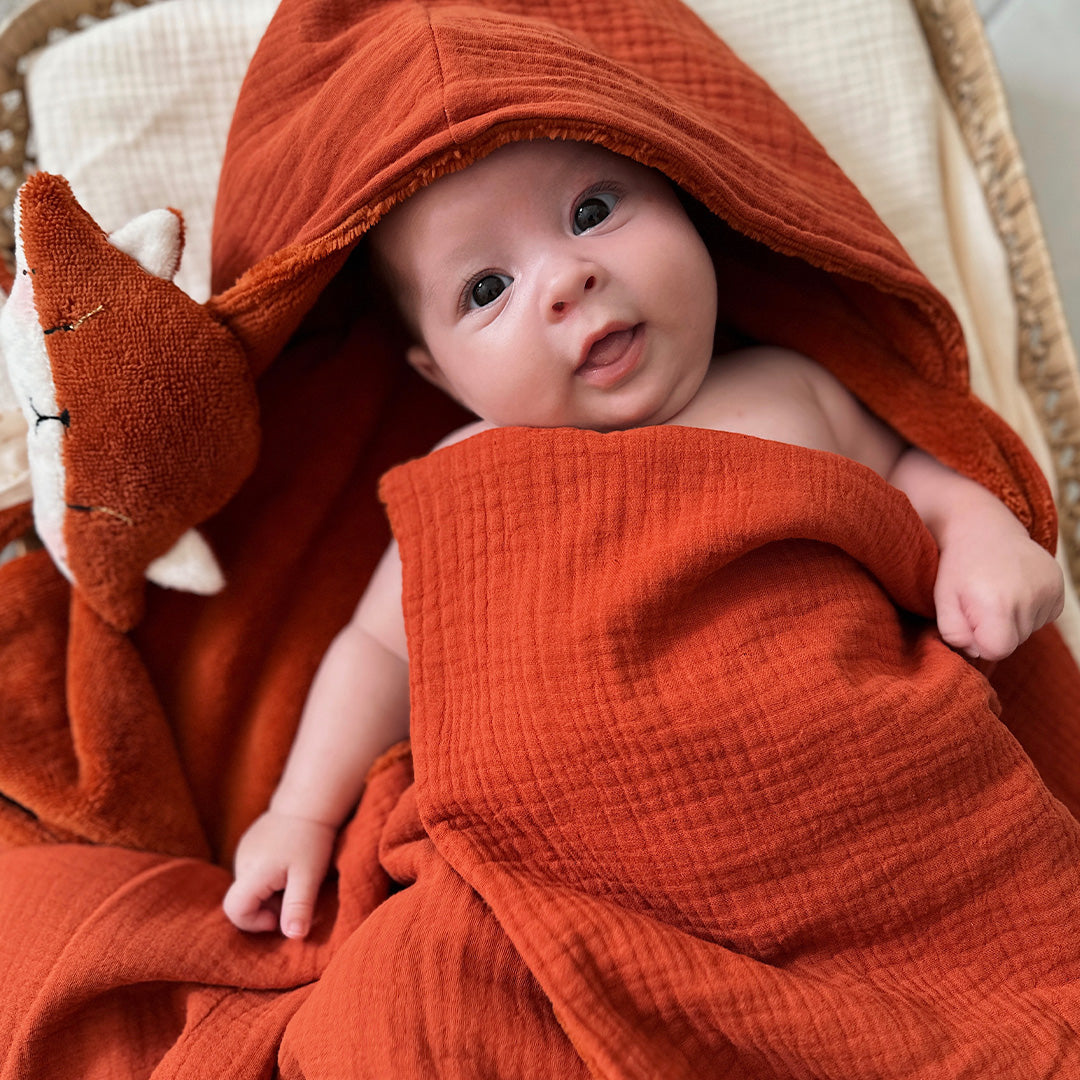 cape de bain terracotta en micro eponge et gaze de coton