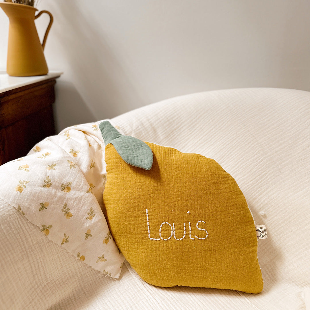 Coussin Citron en gaze de coton et sherpa de coton - Made in France