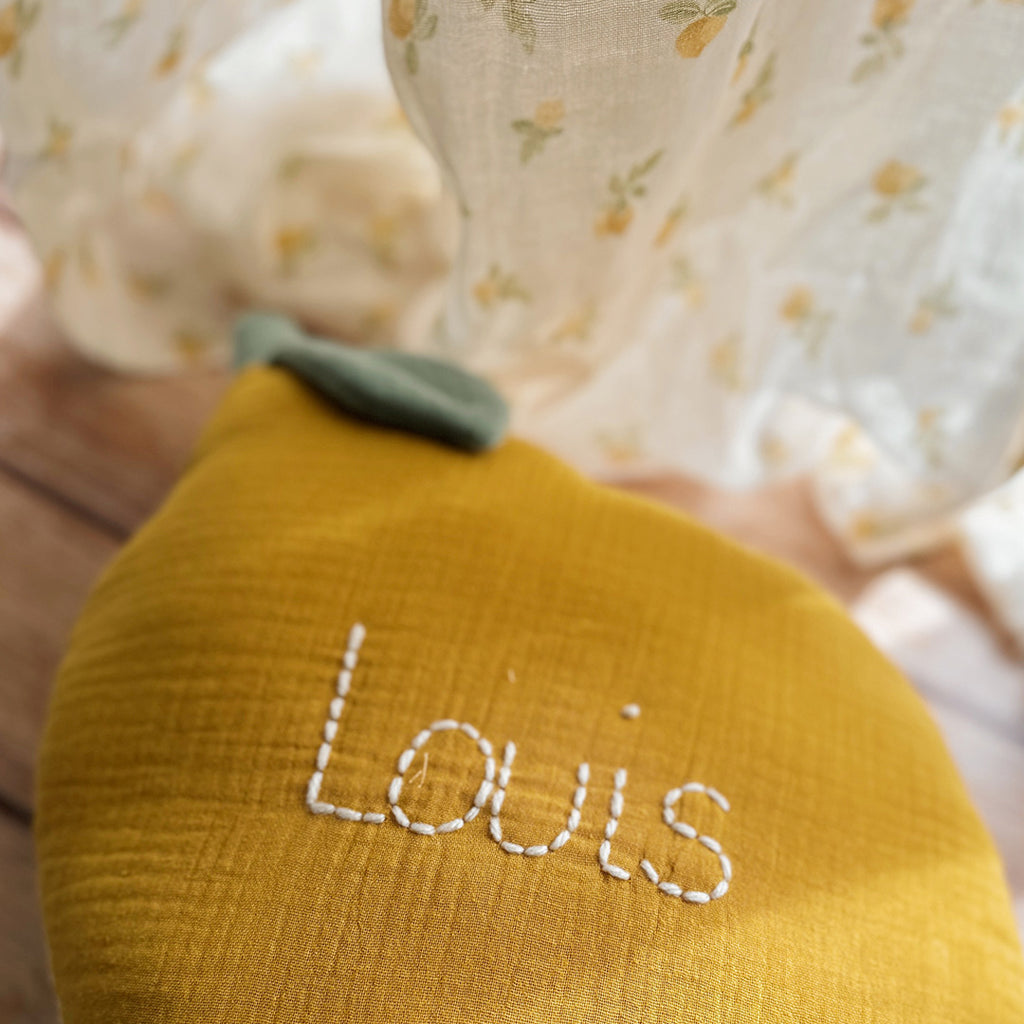 Coussin Citron en gaze de coton et sherpa de coton - Made in France