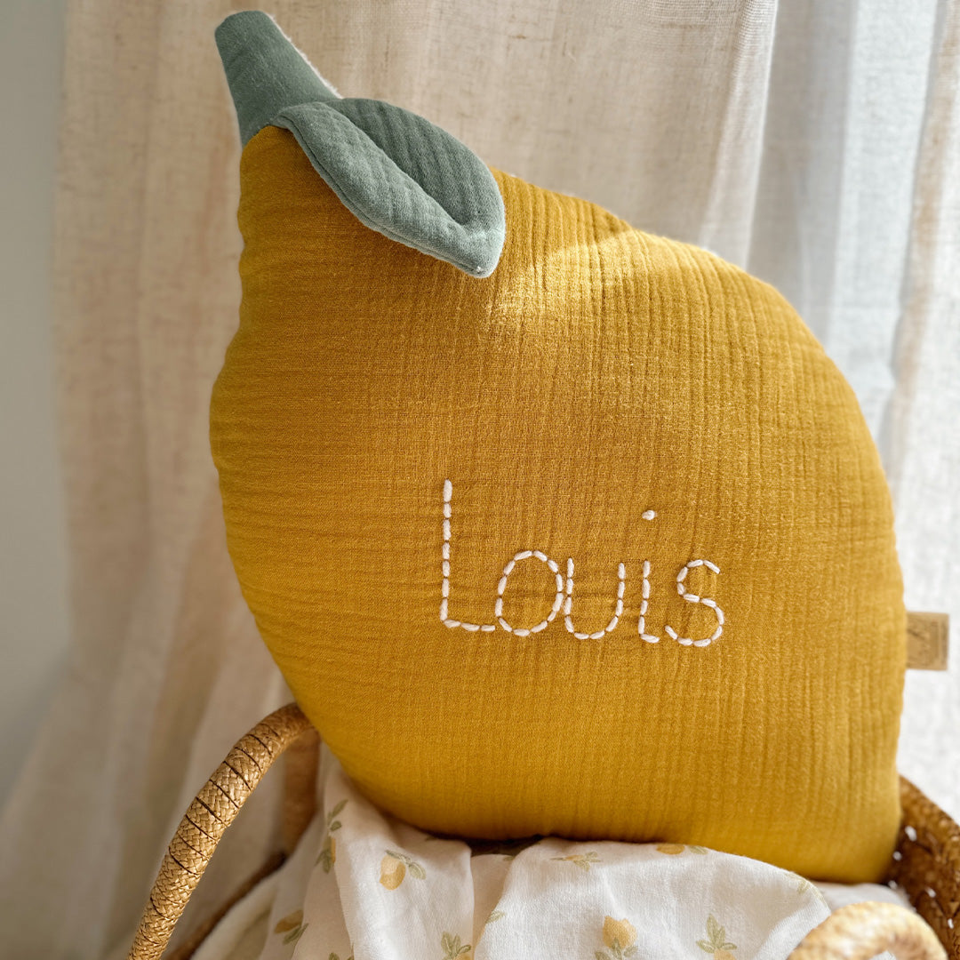 Coussin Citron en gaze de coton et sherpa de coton - Made in France