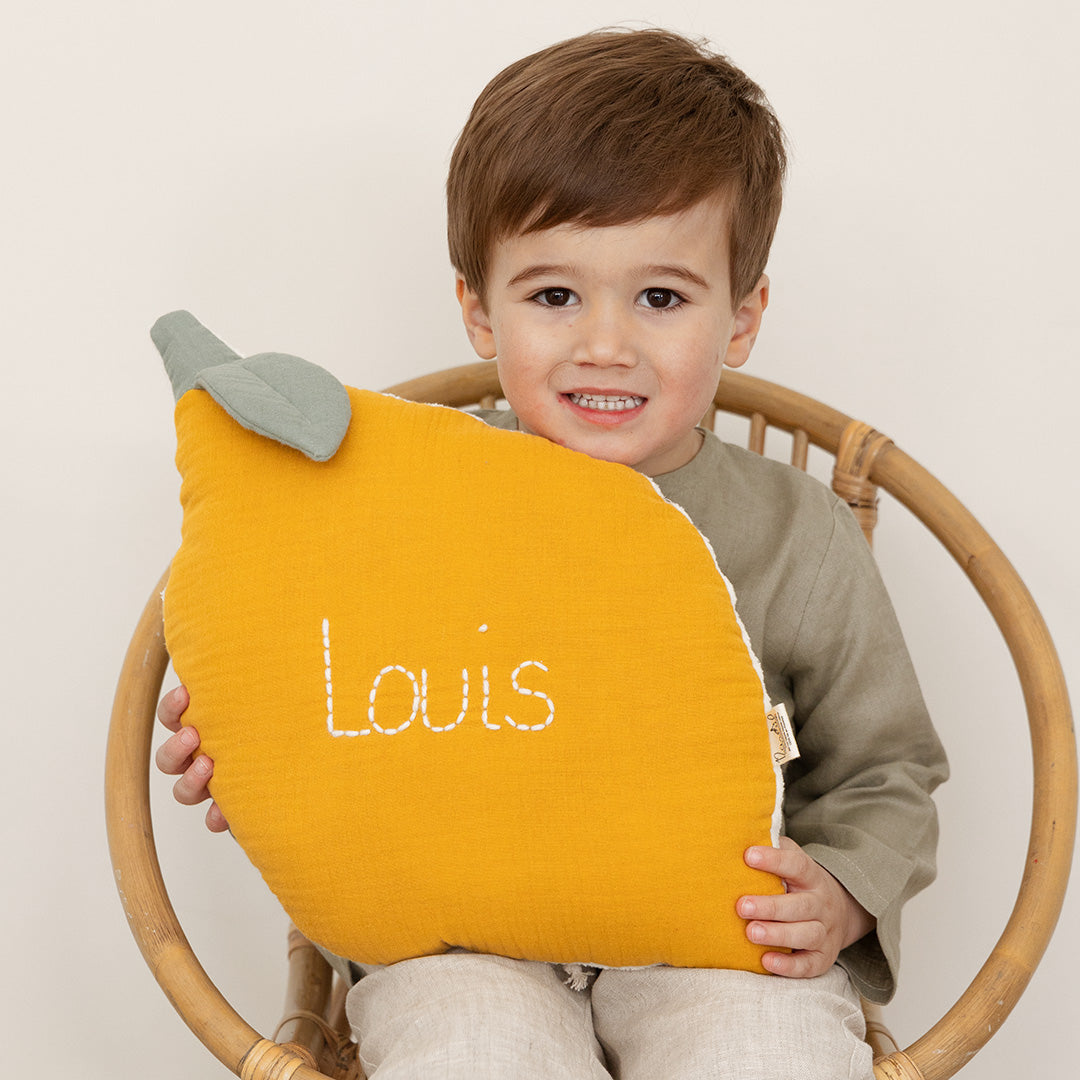 Coussin Citron en gaze de coton et sherpa de coton - Made in France