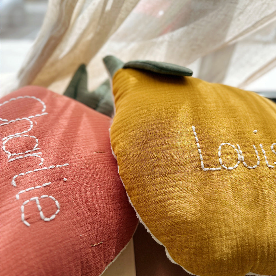 Coussin Citron en gaze de coton et sherpa de coton - Made in France
