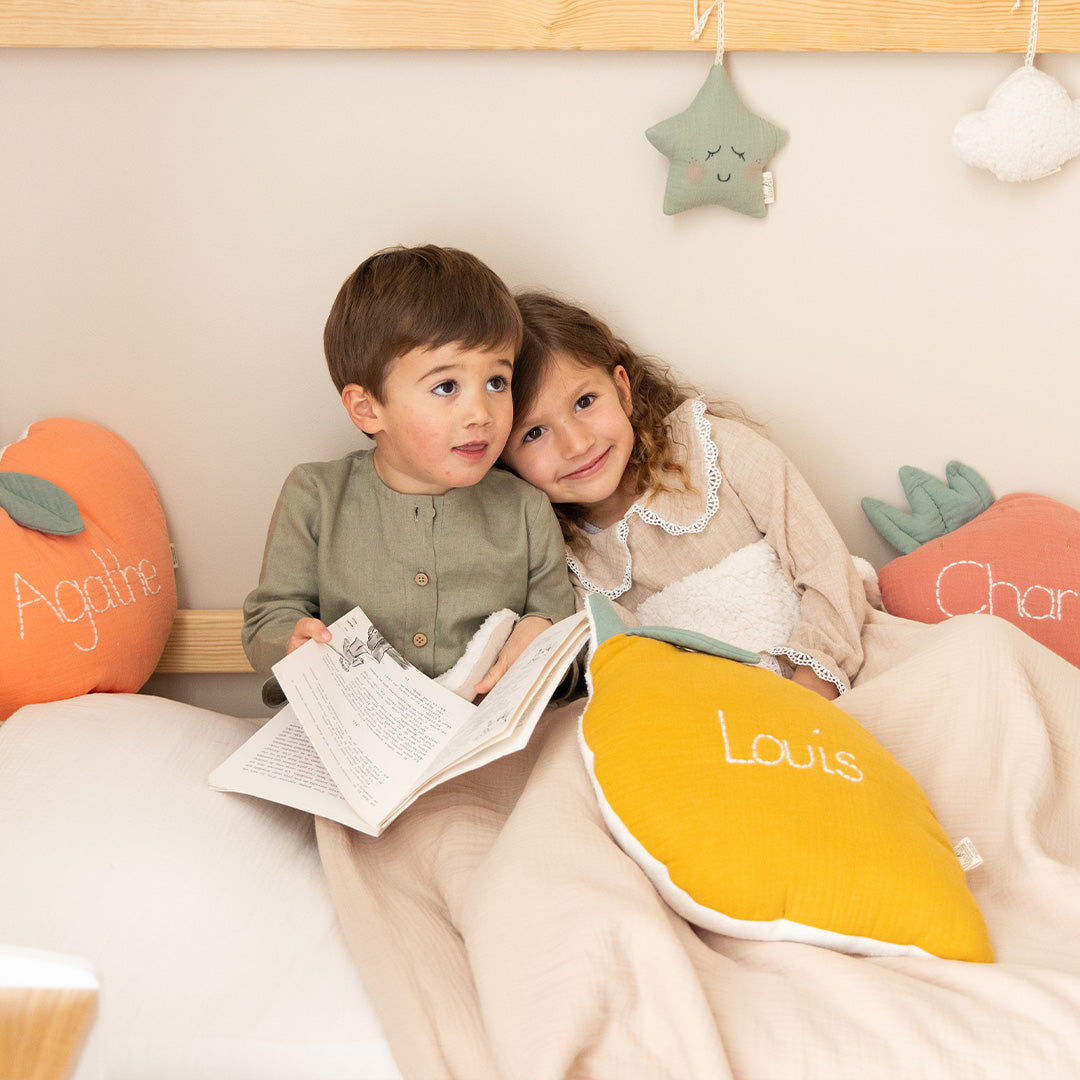 Coussin Citron en gaze de coton et sherpa de coton - Made in France