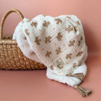 Couverture Chaude Fourrure écrue - Motif Oiseaux / Coeurs rose