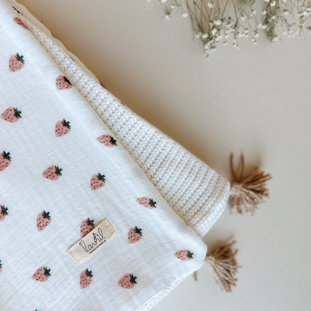 Couverture d’été personnalisable - Double gaze de coton imprimé fraises vintage et maille de tricot côtelé