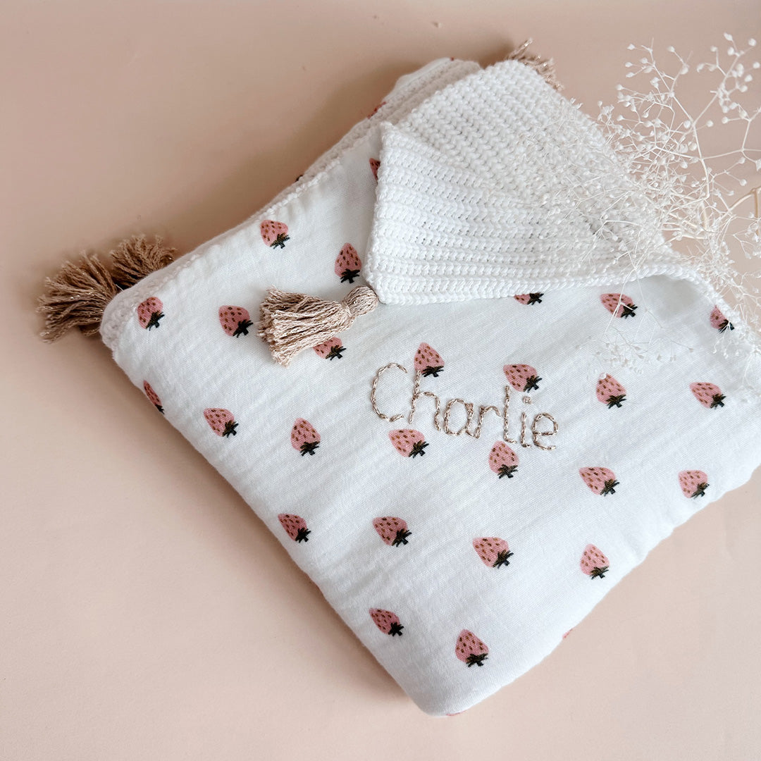 Couverture d’été personnalisable - Double gaze de coton imprimé fraises vintage et maille de tricot côtelé