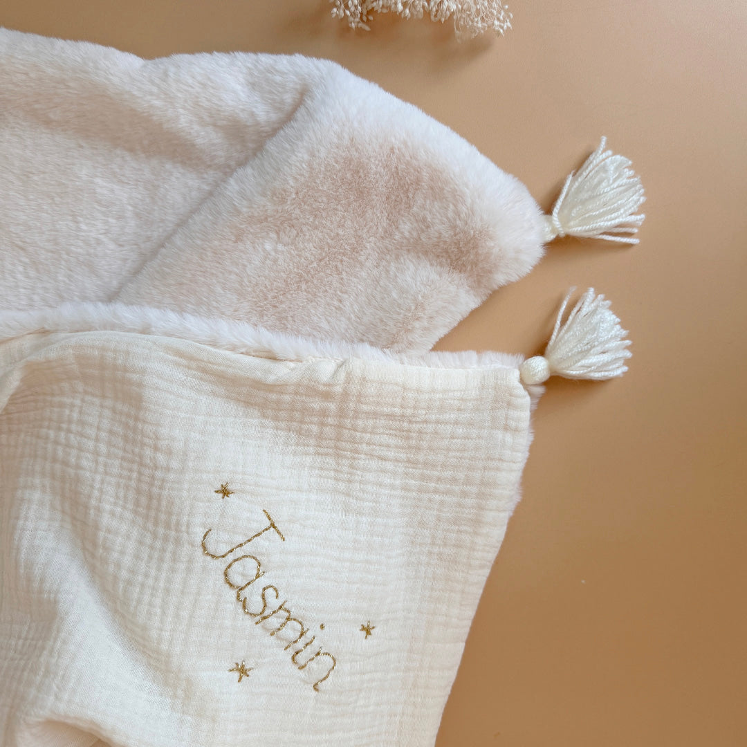 Couverture Chaude - Gaze de coton unie / Fausse fourrure écrue