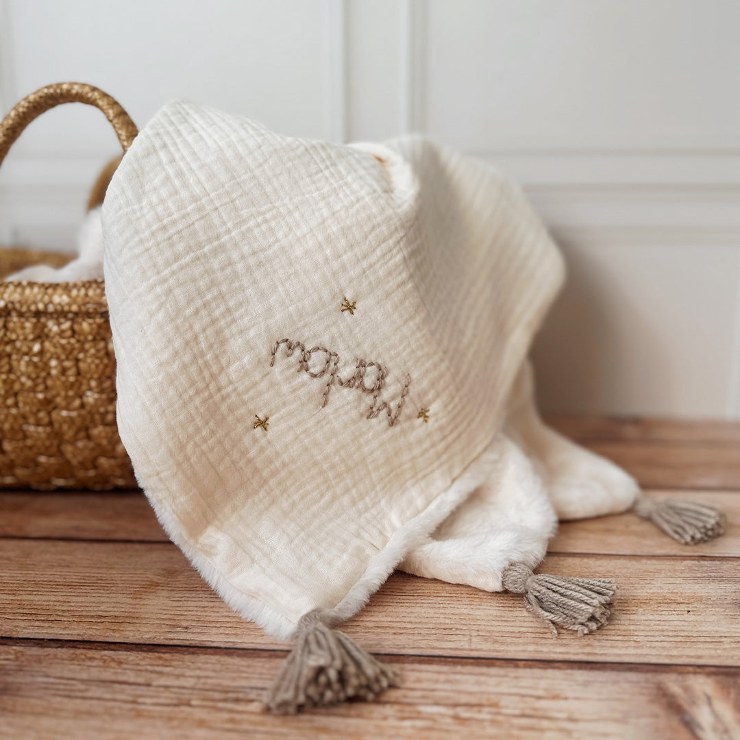 Couverture Chaude - Gaze de coton unie / Fausse fourrure écrue