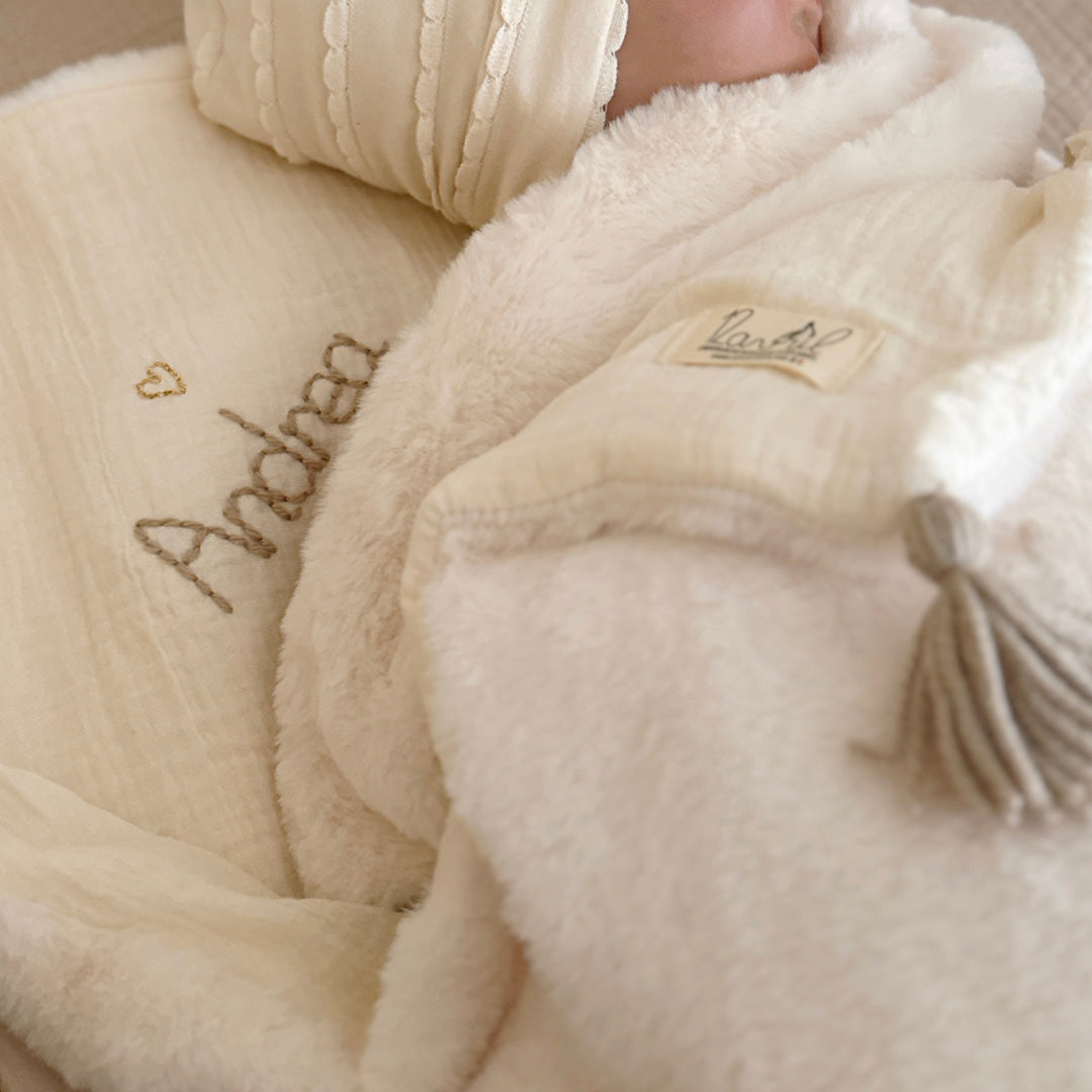 Couverture Chaude - Gaze de coton unie / Fausse fourrure écrue