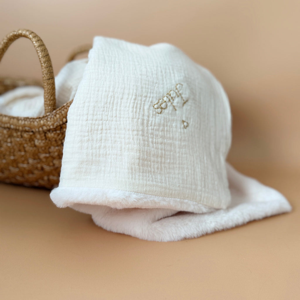 Couverture Chaude - Gaze de coton unie / Fausse fourrure écrue