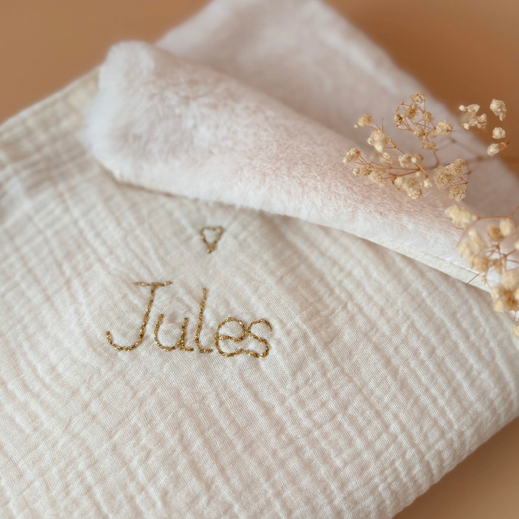 Couverture Chaude - Gaze de coton unie / Fausse fourrure écrue