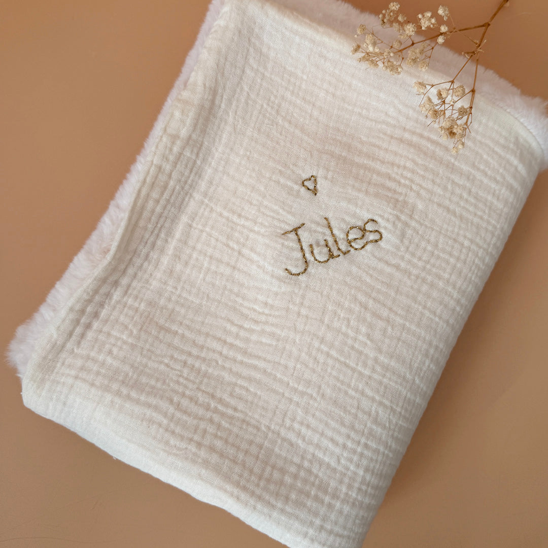 Couverture Chaude - Gaze de coton unie / Fausse fourrure écrue