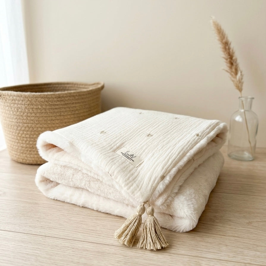 Couverture Chaude - Coeurs brodés Beige doré