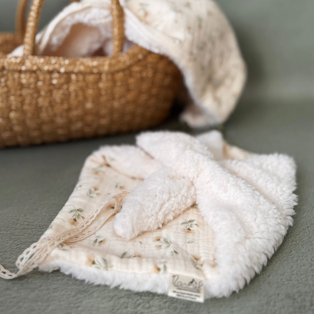 Doudou Lange Sherpa écru - Motif Fleuri vintage
