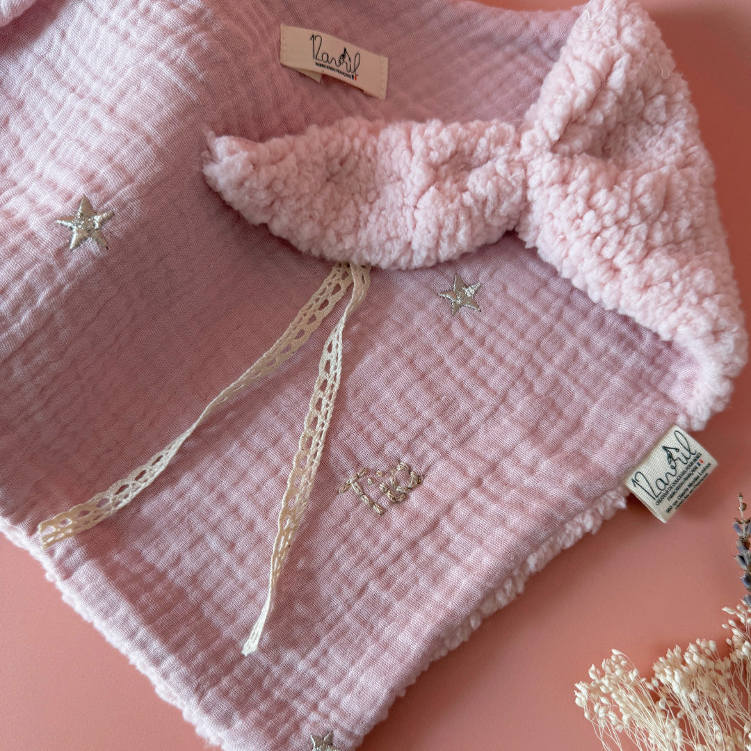 Doudou Lange Charly - Motif Lunes Étoiles brodées - Rose
