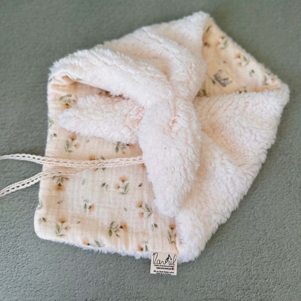 Doudou Lange Sherpa écru - Motif Fleuri vintage