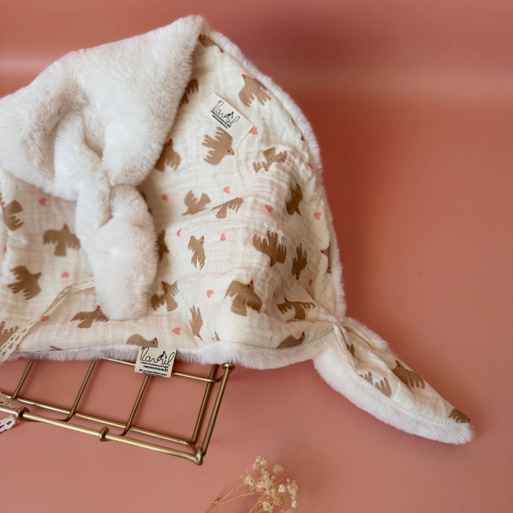 Doudou Lange Fourrure écrue - Motif Oiseaux / Coeurs rose