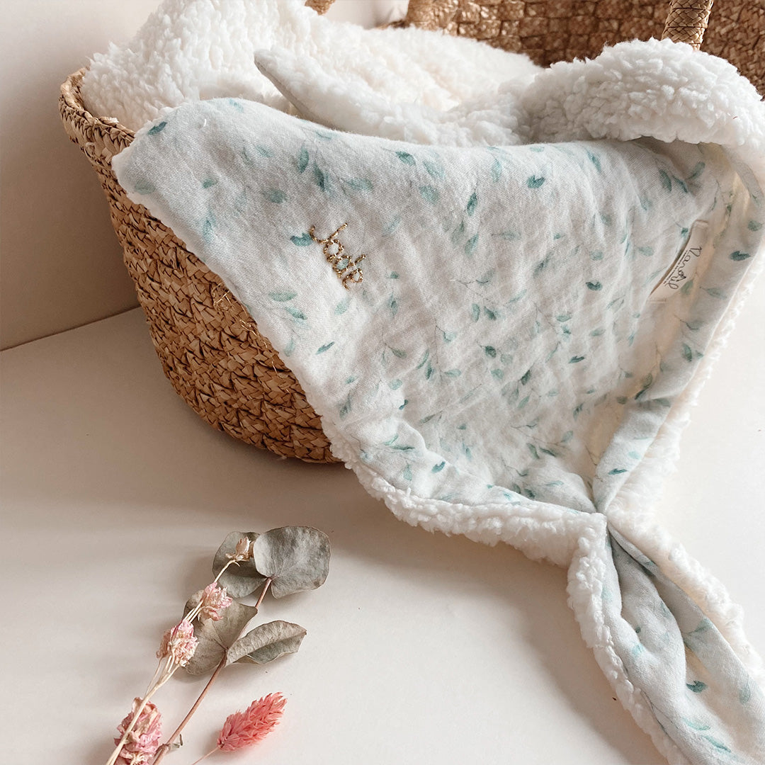 Doudou Lange Charly - Motif printanier - Fausse fourrure écrue et triple gaze de coton