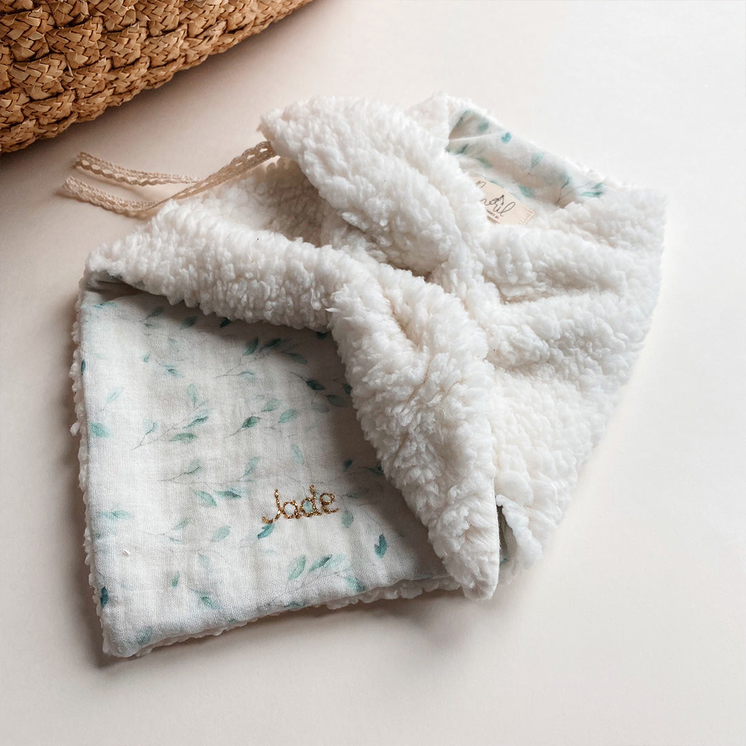 Doudou Lange Charly - Motif printanier - Fausse fourrure écrue et triple gaze de coton