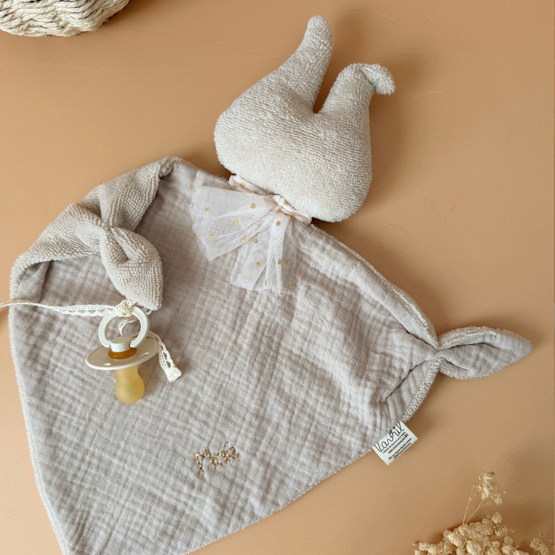 Doudou lange lapin - Micro éponge et gaze de coton grège