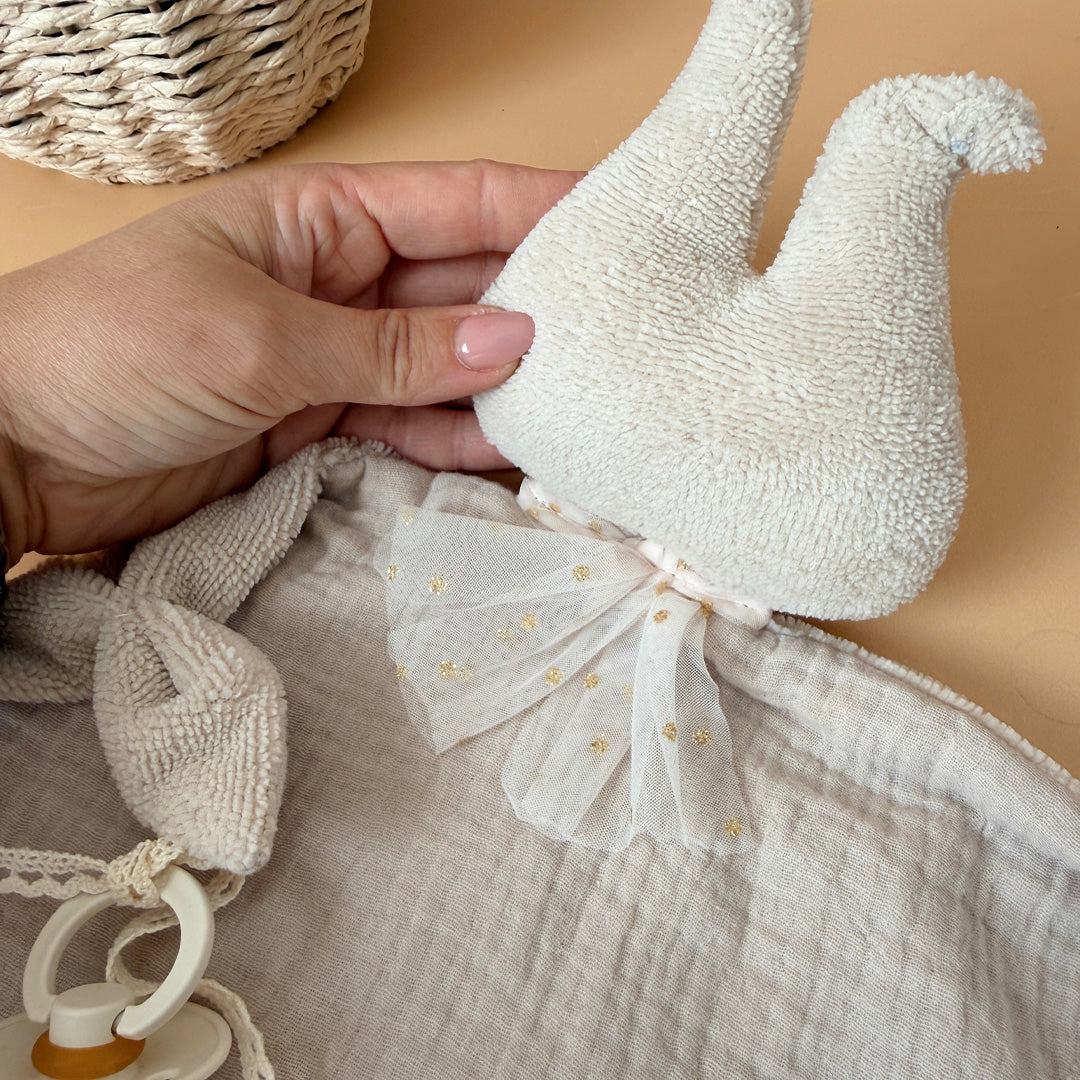 Doudou lange lapin - Micro éponge et gaze de coton grège